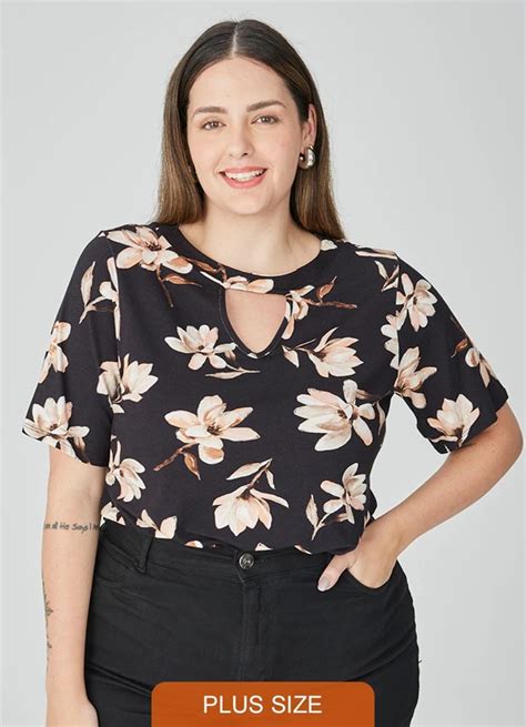 Blusa Feminina Mullet Floral Plus Preto Malwee