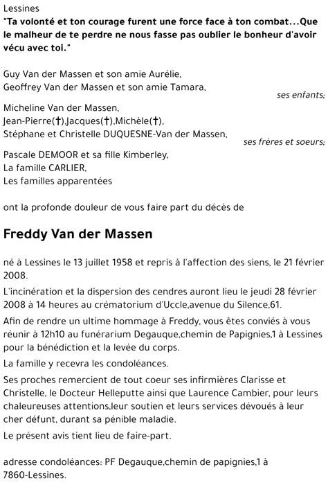 Avis de décès de Freddy Van der Massen décédé le 21 02 2008 à Ath