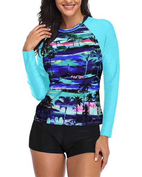 Snapklik Daci Women Blue Coconut Palm Two Piece Rash Guard Long