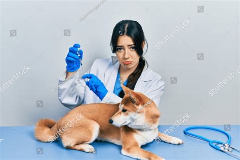 Beautiful Hispanic Veterinarian Woman Putting Vaccine To Puppy Dog