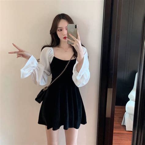 Korean Style Black And White Square Neck A Line Dress Womens Fashion Tops Sleeveless On