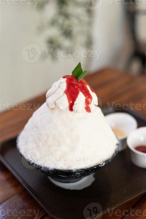 Korean Shaved Ice Dessert With Sweet Toppings Strawberry Bingsu On