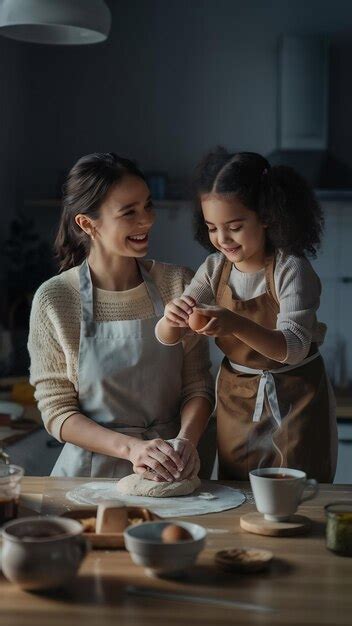 Madre Con Hija Cocinando Juntos En La Cocina Foto Premium