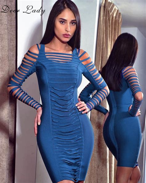 Deer Lady 2019 Dress Summer Bodycon Dress Long Sleeve Blue Cut Out Bandage Dress Sexy Mini Dress