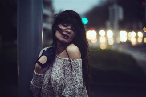 Women Model Brunette Gloves Long Hair Hair In Face David Olkarny