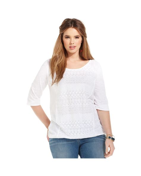 Lucky Brand Plus Size Threequartersleeve Eyelet Top In White Lyst