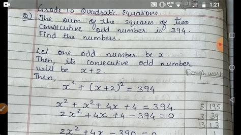 Grade 10 The Sum Of The Squares Of Two Consecutive Odd Number Is 394 Find The Numbers Youtube