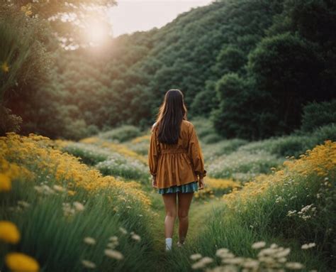 Premium Ai Image A Woman Walks Through A Field Of Flowers