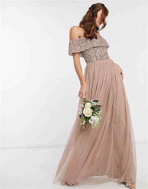 Maya Bridesmaid Bardot Maxi Tulle Dress With Tonal Delicate Sequins In