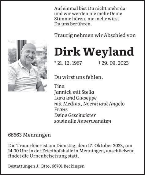 Traueranzeigen Von Dirk Wegland Saarbruecker Zeitung Trauer De