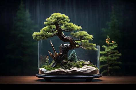 Künstlerischer Bonsai Baum in einem Glasterrarium mit nebligem