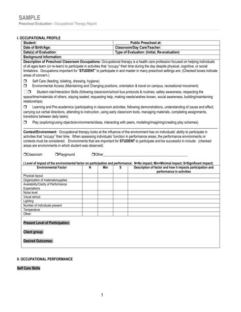 Sampletemplate For Occupational Therapy Preschool Evaluation With Regard To Template For