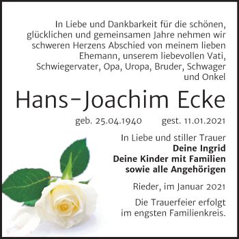 Traueranzeigen Von Hans Joachim Ecke Abschied Nehmen De