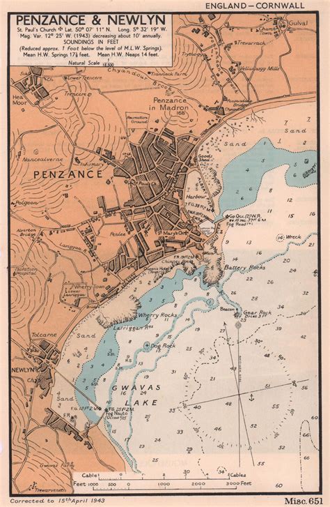 Penzance And Newlyn Town Plan And Sea Coast Chart Cornwall Admiralty 1943 Map