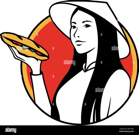 A Vietnamese Girl Wearing Traditional Dress And Conical Hat With Banh Mi On Her Hand Stock