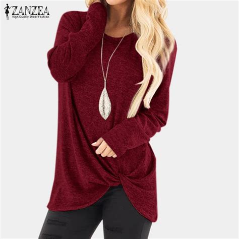 2019 Zanzea Plus Size Top Women Long Sleeve Solid Blouse Female O Neck