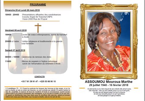 AVIS DE DÉCÈS et Programme des Obsèques ASSOUMOU Mouroua Marthe