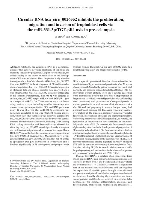 Pdf Circular Rna Hsa Circ 0026552 Inhibits The Proliferation