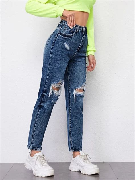 Vaqueros Mom Rotos De Cintura Alta SHEIN USA Ripped Mom Jeans Mom