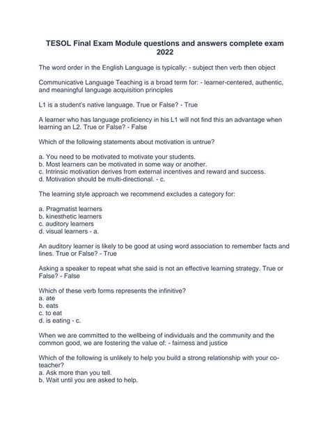 Solution Tesol Final Exam Module Questions And Answers Complete Exam