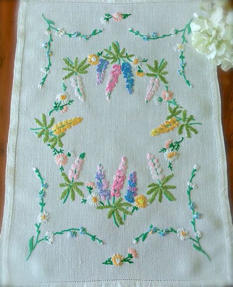 Vintage Hand Embroidered Lupins Linen Tray Cloth Etsy Uk Embroidery