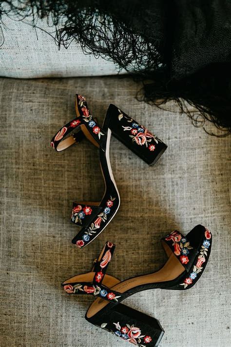 Black Velvet Platform Sandals With Block Heels And Colorful Floral Embroidery All Over For A