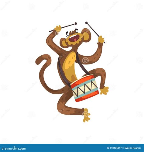 Cute Funny Monkey Playing Drum Cartoon Animal Character With Musical