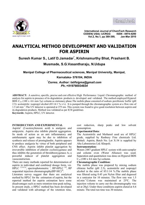 Pdf Analytical Method Development And Validation For Aspirin