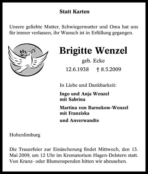 Traueranzeigen Von Brigitte Wenzel Trauer In NRW De