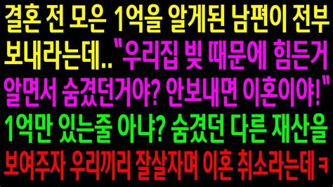 실화사연결혼 전 모은 1억을 알게 된 남편이 안보내면 이혼이라는데1억만 있는줄 아냐다른 재산을 보여주자 미안했다며 이혼