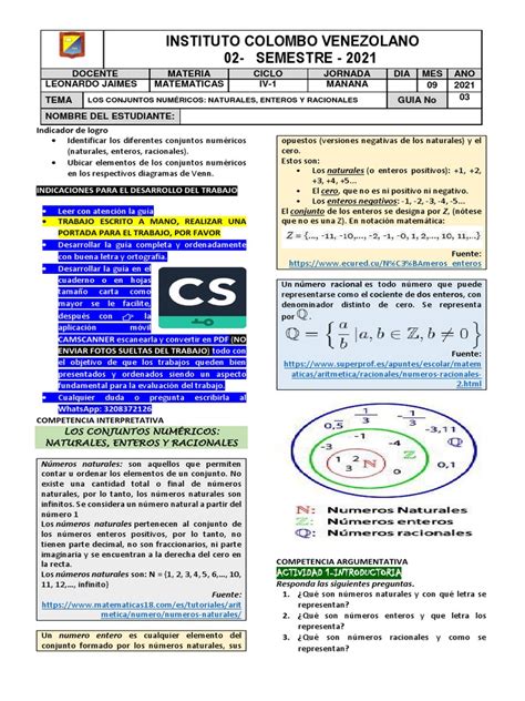 3 Guía 03 Tema Los Conjuntos Numéricos Naturales Enteros Y Racionales