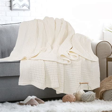 Piccocasa 100 Cotton Waffle Woven Soft Knit Throw Blanket Beige