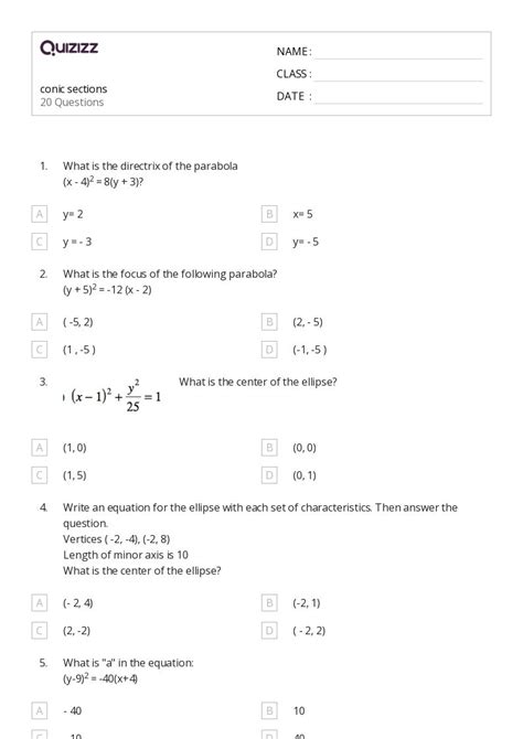 50 Conic Sections Worksheets For Grade 11 On Quizizz Free And Printable