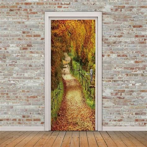 Sticker Porte Autocollant Poster De Porte 3D Chemin Forestier D Automne