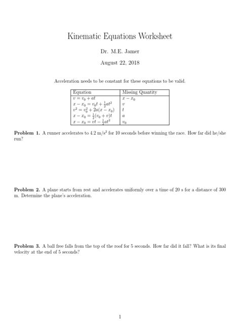 Kinematic Equations Worksheet Dr Me Jamer August 22 2018 Pdf