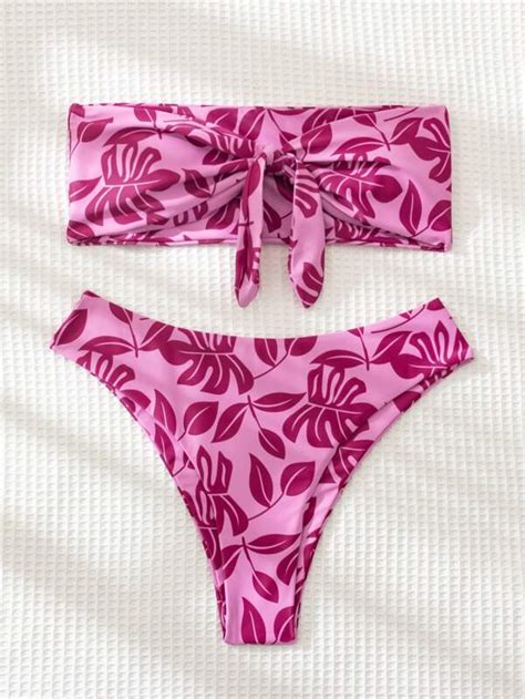 Shein Swim Vcay Tropical Print Bikini Set Knot Bandeau Bikini Cheeky