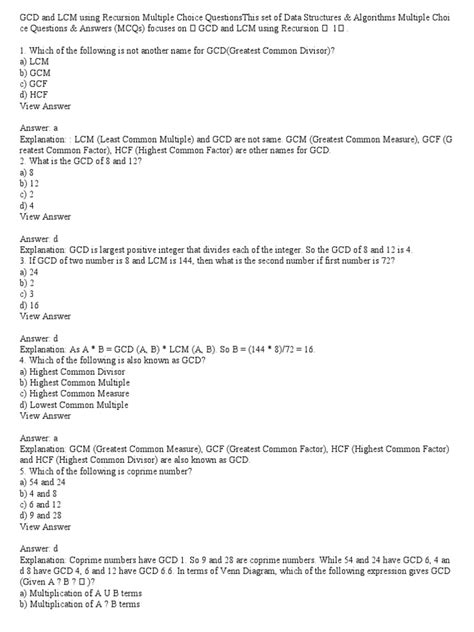 Gcd And Lcm Using Recursion Multiple Choice Questions Pdf Functions