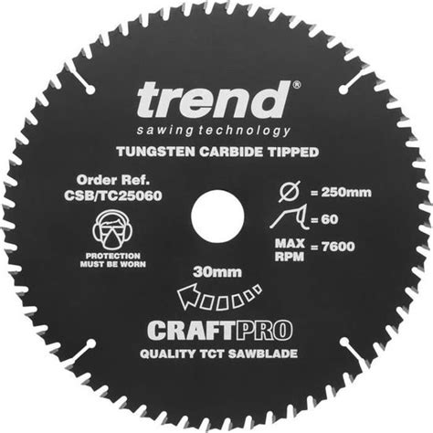 Trend Craft Pro Lame de scie TCT 250 mm Diamètre 30 mm Alé 60 dents