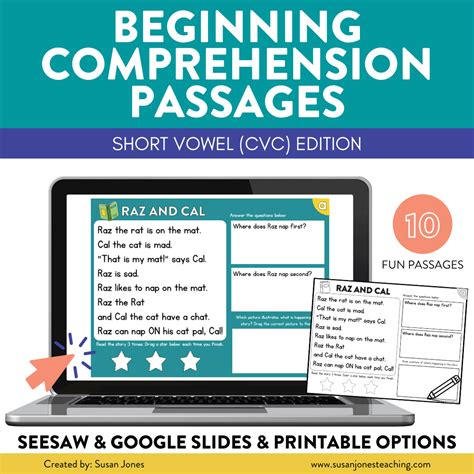 Short Vowel Cvc Comprehension Passages Digital And Printable Susan Jones Teaching