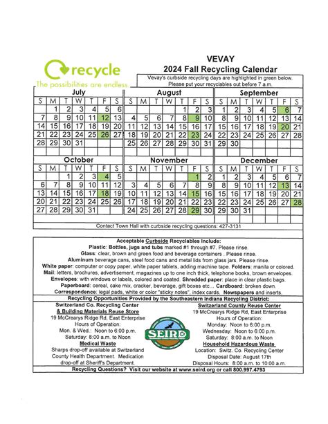 Trash And Recycling Calendar Town Of Vevay