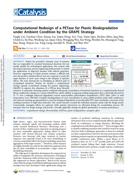 Pdf Computational Redesign Of A Petase For Plastic Biodegradation