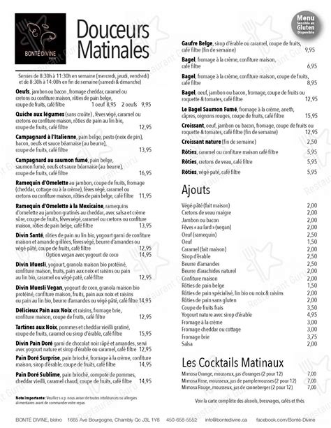 Menu at Bonté Divine restaurant, Chambly, Av. Bourgogne