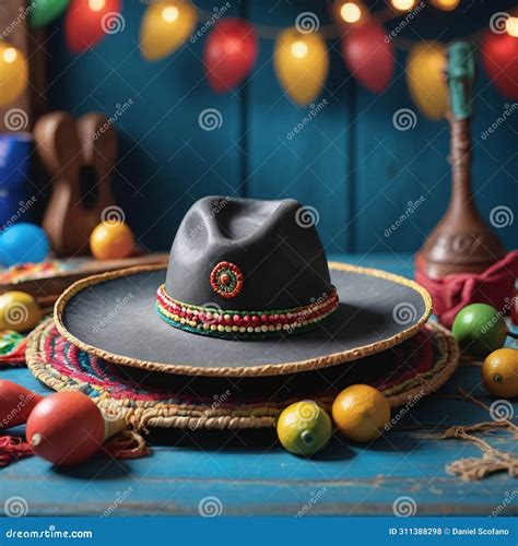 Cinco De Mayo Con Sombrero Maracas En Madera Azul Ai Generativo Stock De Ilustración