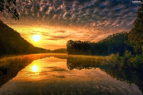 clouds, River, Sunrise, forest - For desktop wallpapers: 2048x1365