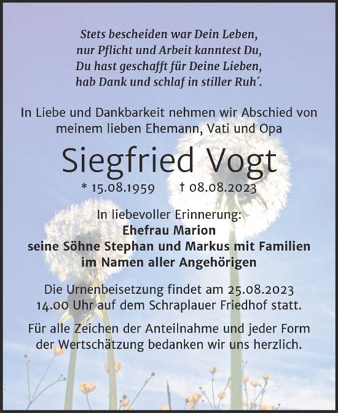 Traueranzeigen Von Siegfried Vogt Abschied Nehmen De