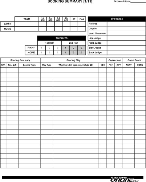 Free Football Scoresheets (1 Team) - PDF | 382KB | 11 Page(s)