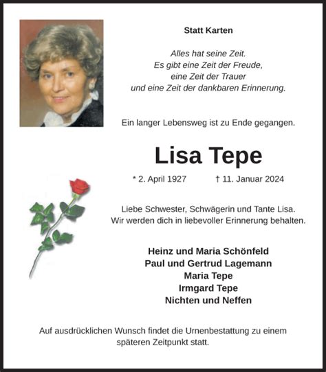 Traueranzeigen Von Lisa Tepe Om Trauer De