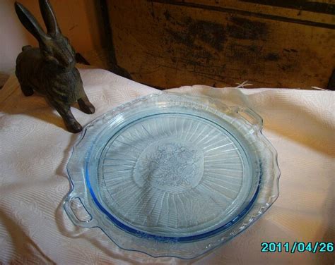 Blue Mayfair Open Rose Depression Glass Cake Plate With Etsy