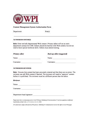 Fillable Online Wpi Content Management System Authorization Form Doc