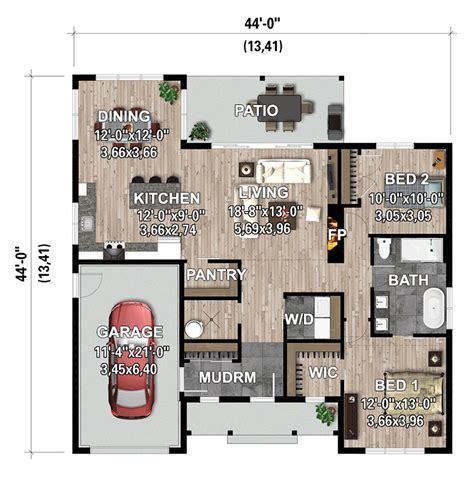 One-Story Modern Farmhouse House Plan with 2 Beds a 1-Car Garage - 1305 Sq Ft - 801165PM ...